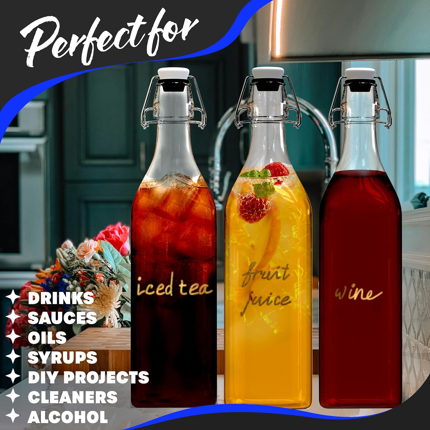 1 Liter Square Swing Top Glass Bottles with Airtight Lid