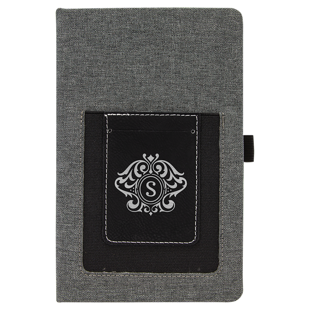 Gray w/Black 5 1/4" x 8 1/4" Laserable Leatherette Journal with Cell/Card Slot