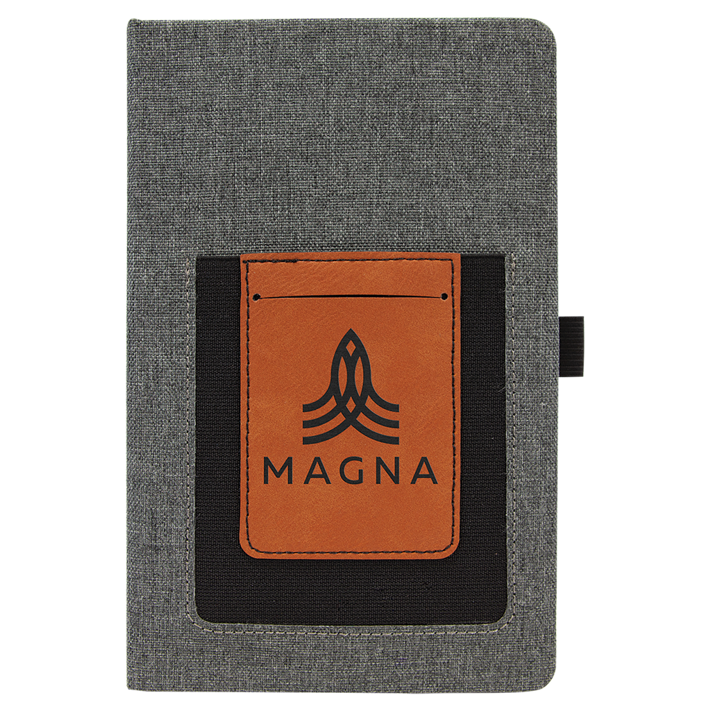 Gray w/Rawhide 5 1/4" x 8 1/4" Laserable Leatherette Journal with Cell/Card Slot