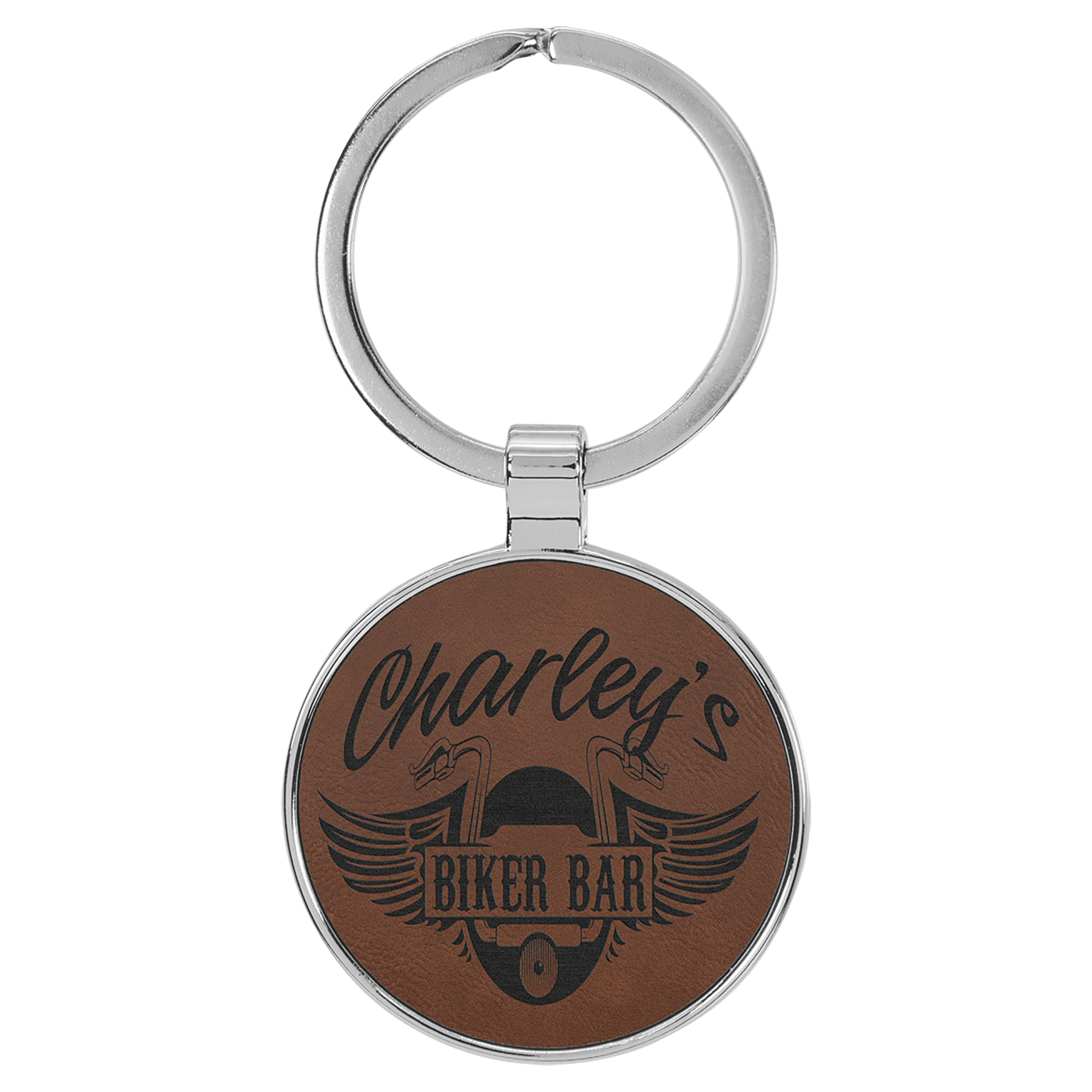 Dark Brown 1 1/2" Laserable Leatherette/Metal Round Keychain