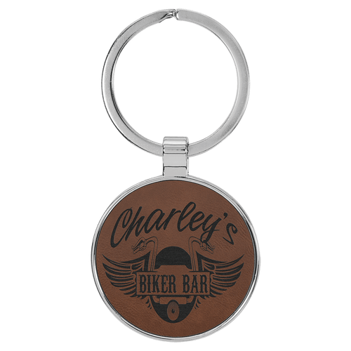 Dark Brown 1 1/2" Laserable Leatherette/Metal Round Keychain
