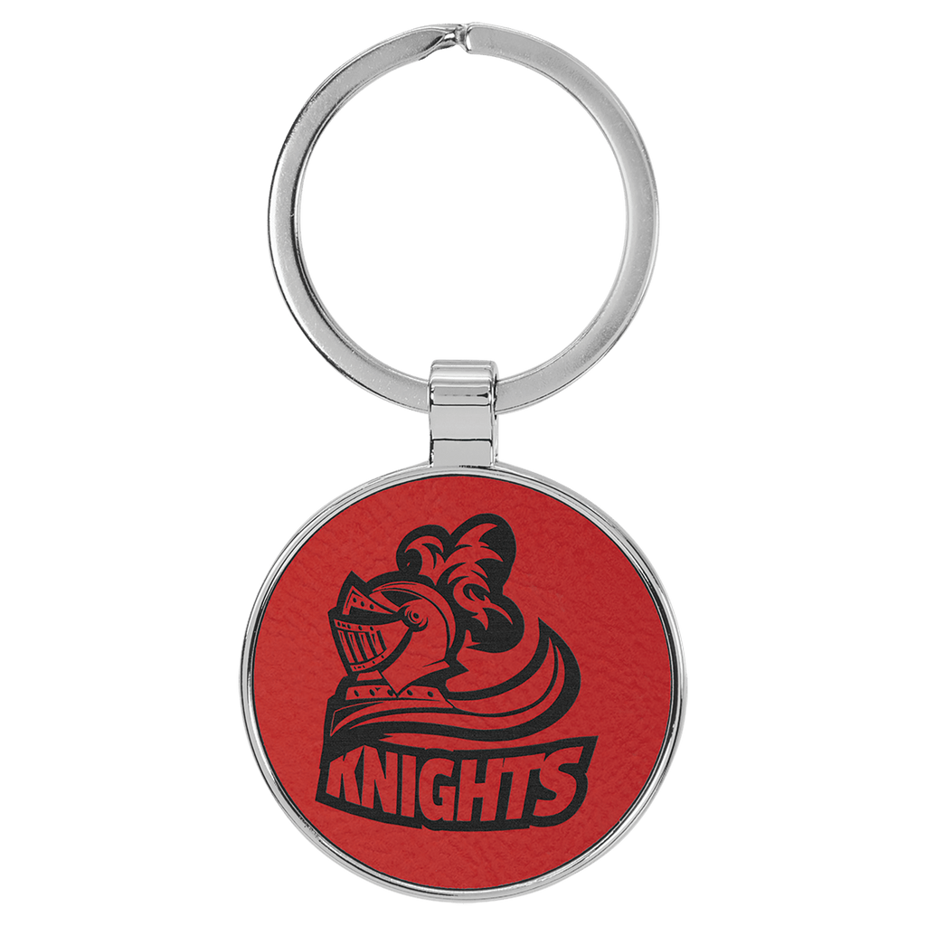 Red 1 1/2" Laserable Leatherette/Metal Round Keychain
