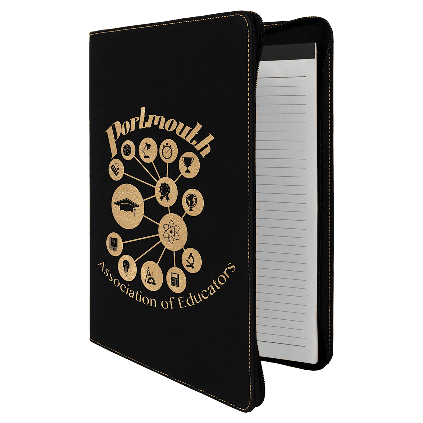 Black/Gold 9 1/2" x 12" w/ Zipper Laserable Leatherette Portfolio with Notepad