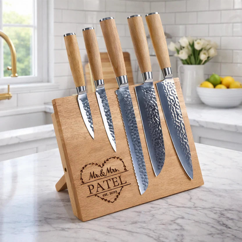 Personalized 6-Piece Kitchen Knife Set with Engraved Magnetic Block