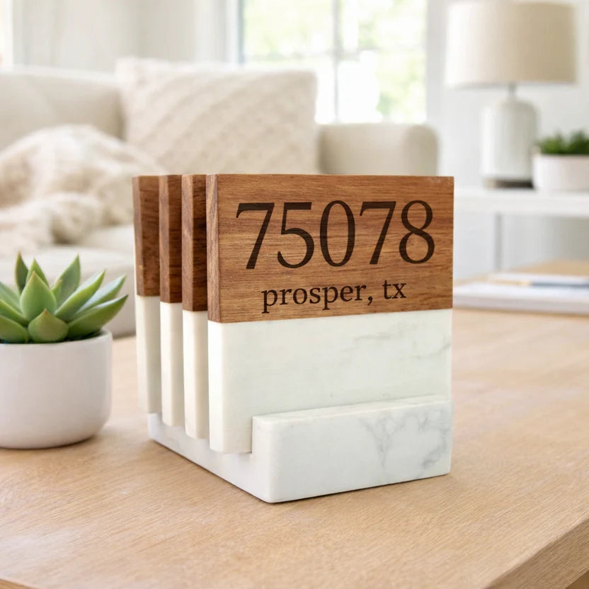 Custom Marble & Acacia Entertaining Coaster Set (Set of 4)