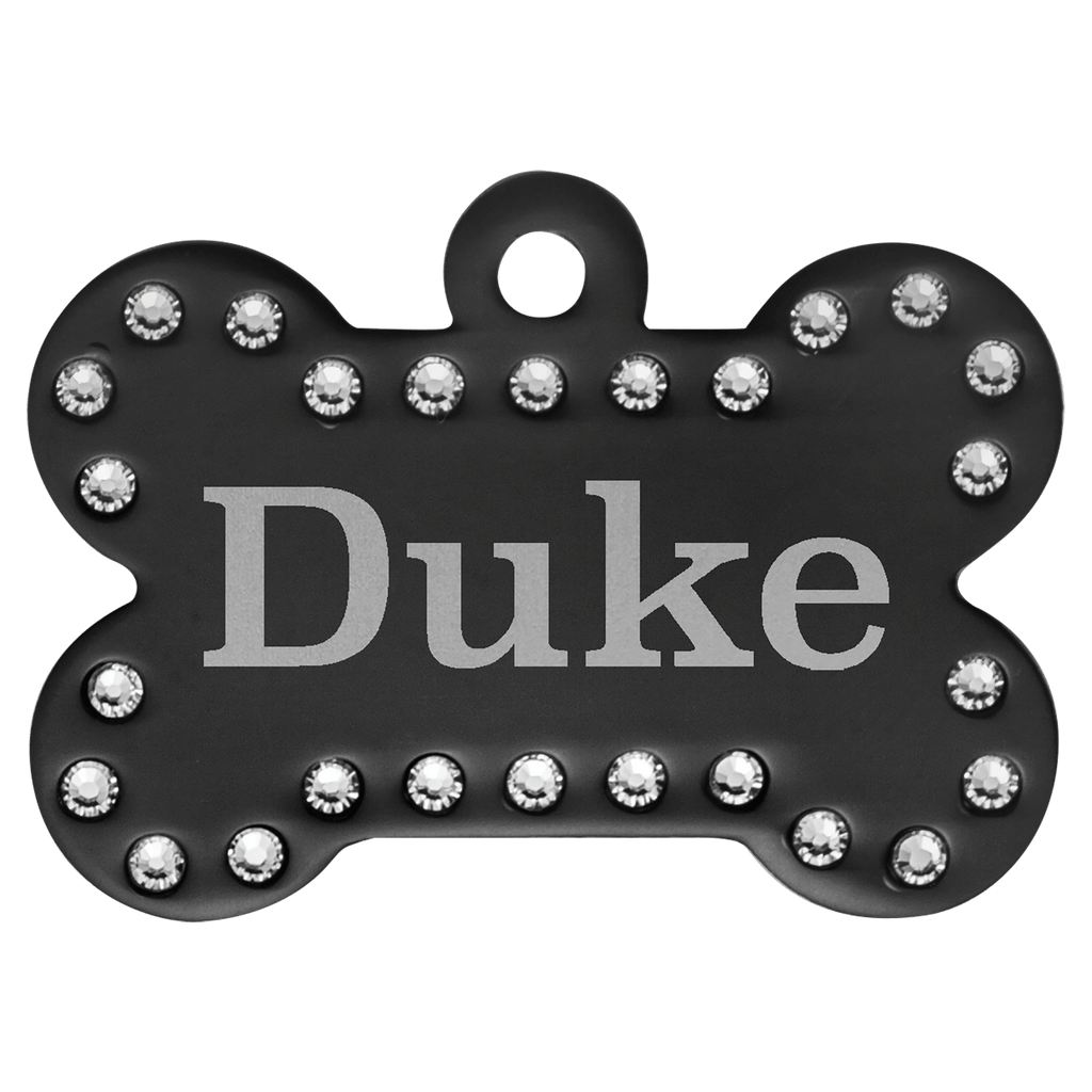 Black 1 1/2" x 1" Laserable Anodized Aluminum Swarovski Bling Bone with Tab