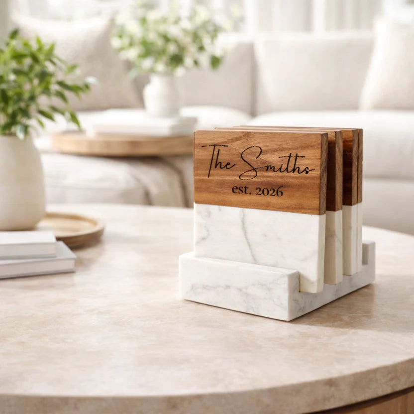Custom Marble & Acacia Entertaining Coaster Set (Set of 4)