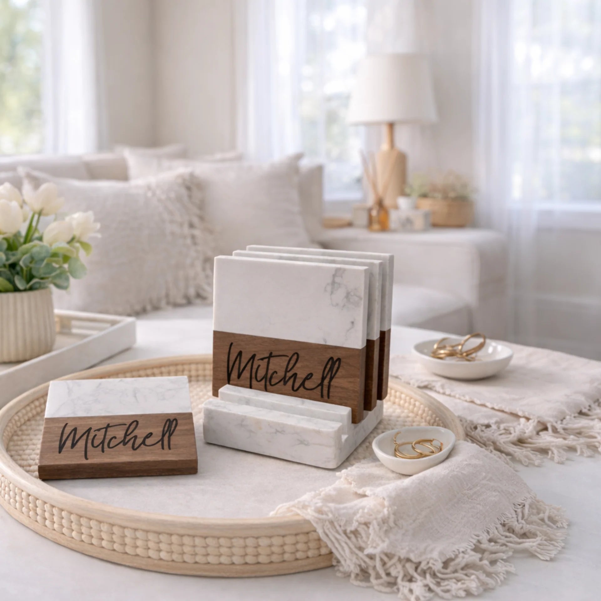 Custom Marble & Acacia Entertaining Coaster Set (Set of 4)